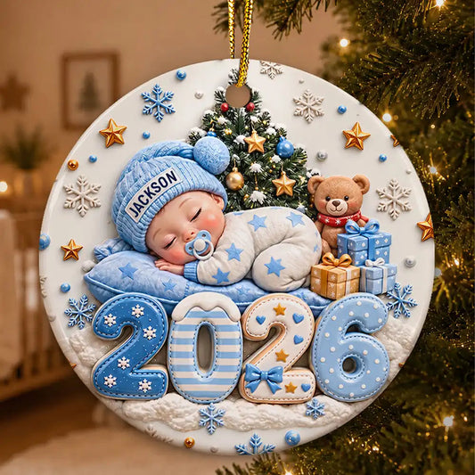 Baby's First Christmas Gift For New Mom - Personalized Sleeping Baby 3D Embossed Circle Ceramic Ornament