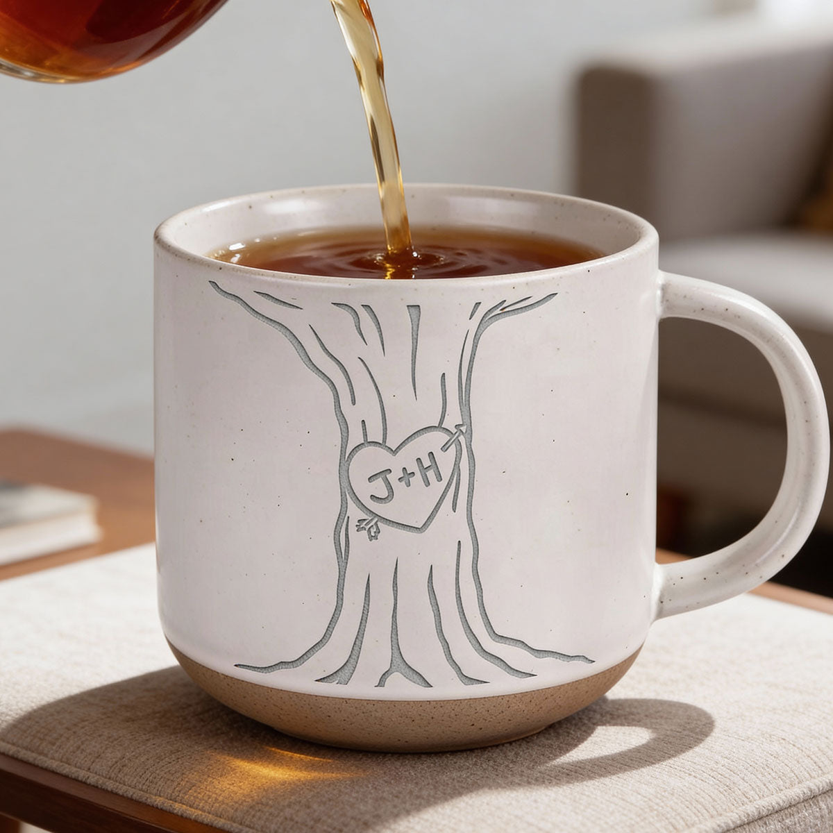 Couple Name Initials Engraved In A Heart Tree - Personalized Pottery Mug - Valentine's Day, Anniversary, Engagement Gift