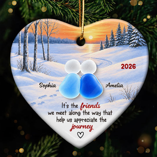 Friends Along The Way Winter Sunset Heart - Personalized Ceramic Ornament With Acrylic Pieces - Christmas Gift For Best Friend, Bestie, Soul Sister, Friendship Keepsake