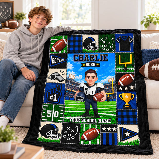 Football Star Custom Name And Number - Personalized Fleece Blanket - Gift For Football Players, Grandkids, Boys, Girls