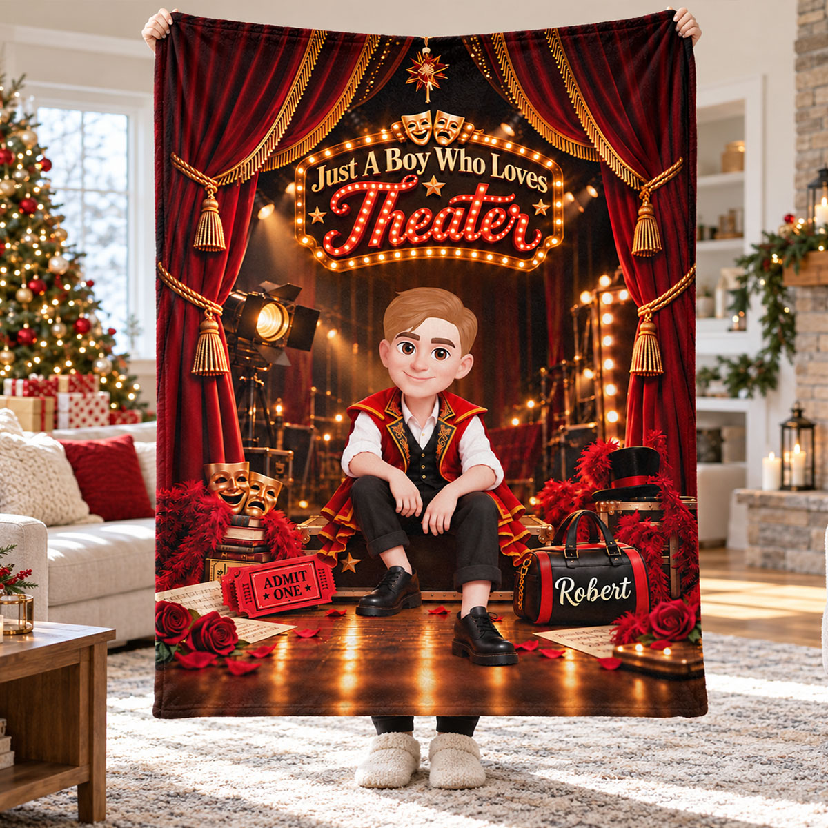 Just a Boy Who Loves Theater - Personalized Fleece Blanket - Christmas Gift for Son, Grandson
