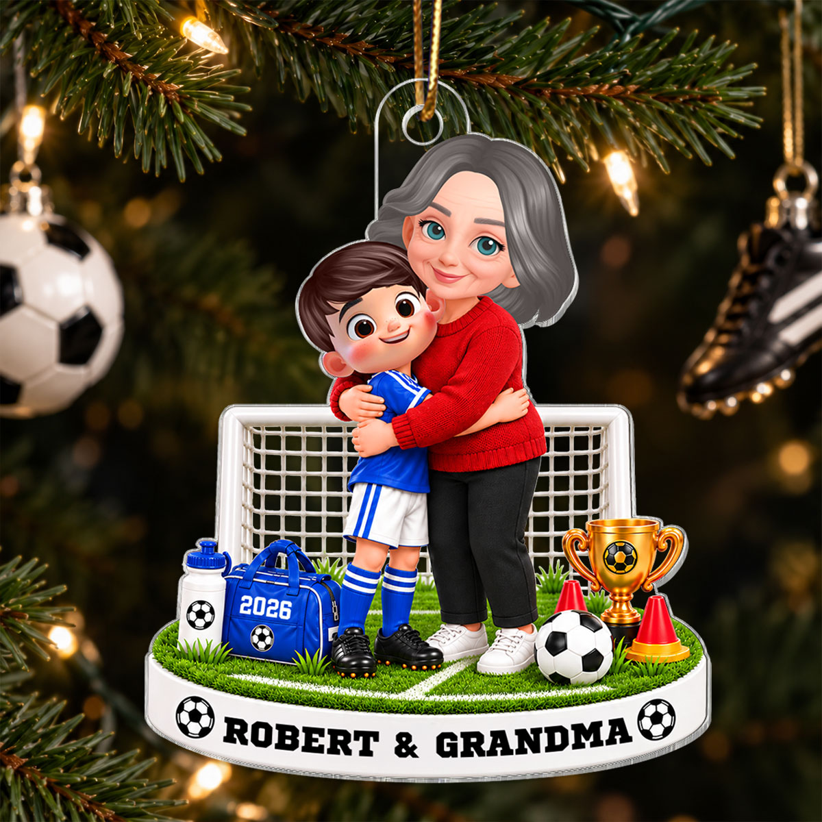 Grandma Will Always Be Your Biggest Fan Soccer Kid Boy Girl Custom Name & Color - Personalized Acrylic Ornament - Christmas Gift For Soccer Players, Grandson, Son, Granddaughter, Daughter