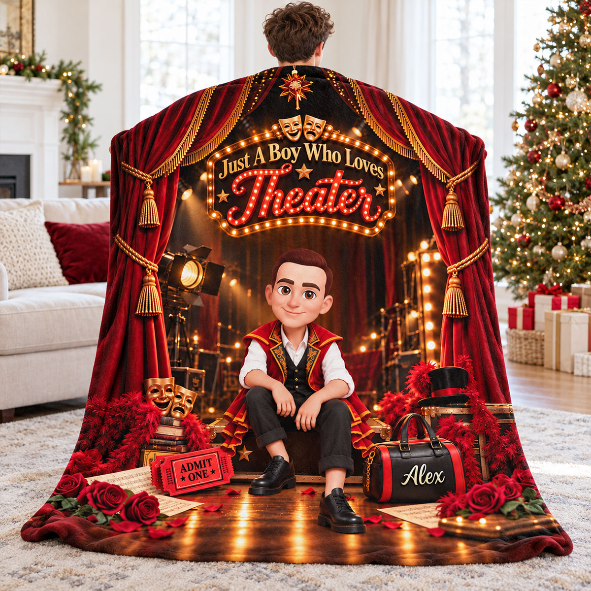 Just a Boy Who Loves Theater - Personalized Fleece Blanket - Christmas Gift for Son, Grandson