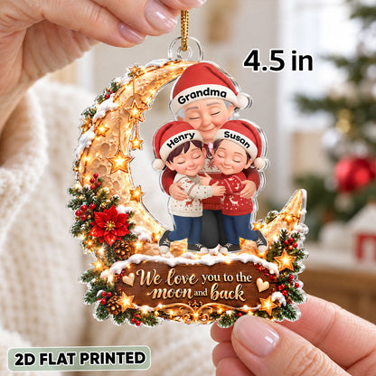 Grandma Grandkid Hugging on Moon - Personalized Acrylic Ornament - Christmas Gift for Grandma, Grandkids