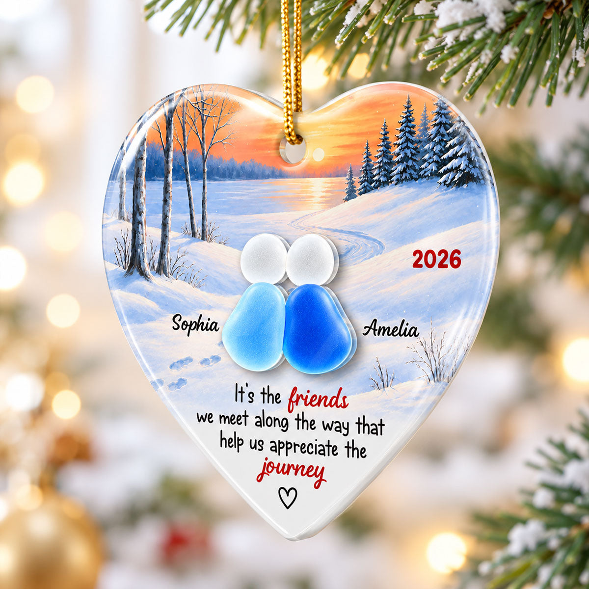 Friends Along The Way Winter Sunset Heart - Personalized Ceramic Ornament With Acrylic Pieces - Christmas Gift For Best Friend, Bestie, Soul Sister, Friendship Keepsake