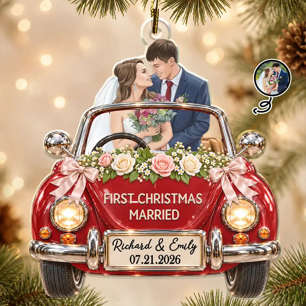 First Christmas Gift For Newlyweds - Personalized Custom Photo Mr And Mrs Names Just Married Car Acrylic Ornament