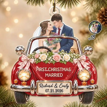 First Christmas Gift For Newlyweds - Personalized Custom Photo Mr And Mrs Names Just Married Car Acrylic Ornament