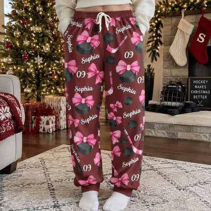 Coquette Bow Hockey Custom Name, Number Gift For Hockey Player, Hockey Team - Personalized Lounge Pants