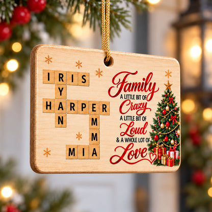 Family A Whole Lot Of Love Crossword Name Puzzle Art - Personalized Wooden Ornament - Christmas Decor For Family, Siblings