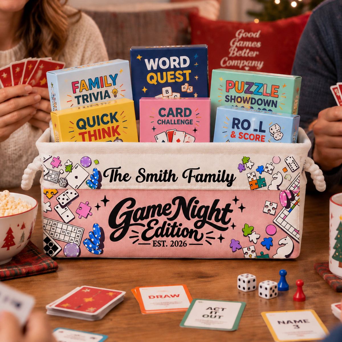 Game Night Deck Game Basket For Family, Grandparents - Personalized Storage Basket