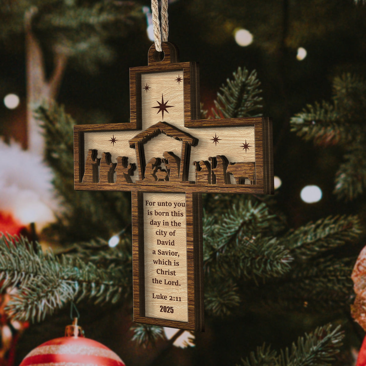 Nativity Cross Scripture Christmas Decoration - Wooden Ornament