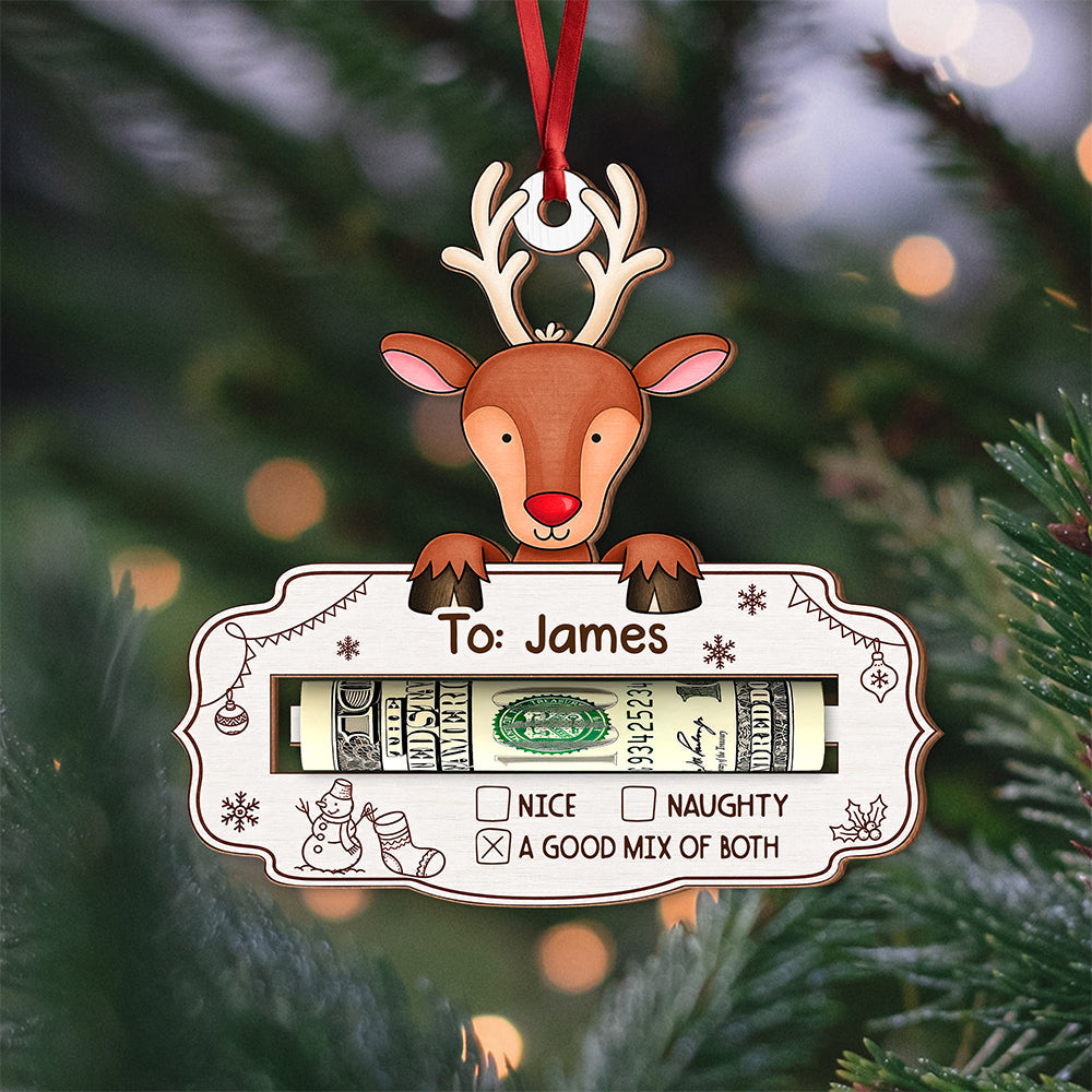 Custom Name And Character Christmas Wooden Money Holder Ornament, Personalized Holiday Cash Gift For Family TH10 171231