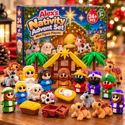 24-Day Christmas Countdown Nativity Playset with Name - Personalized Custom Advent Calendar
