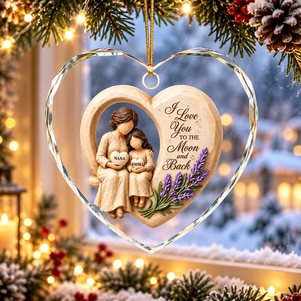 Grandma Loves to the Moon and Back - Personalized Glass Ornament - Christmas Gift for Granddaughter Grandson