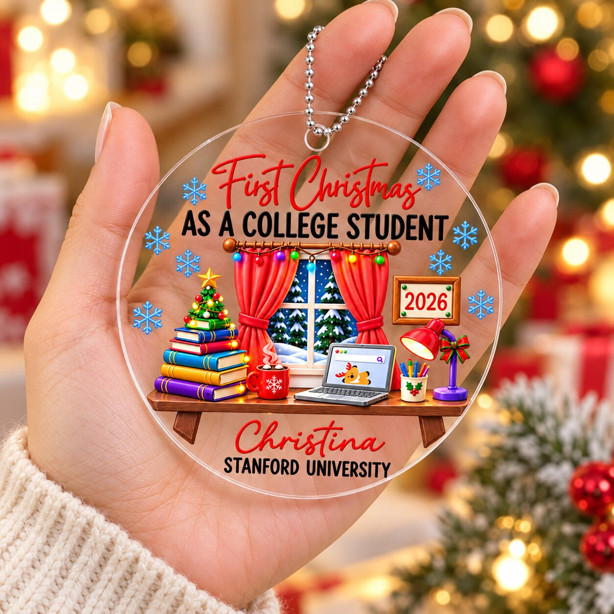 College Student With Desk Design - Personalized Acrylic Ornament - Christmas Gift For New Student, Boy, Girl