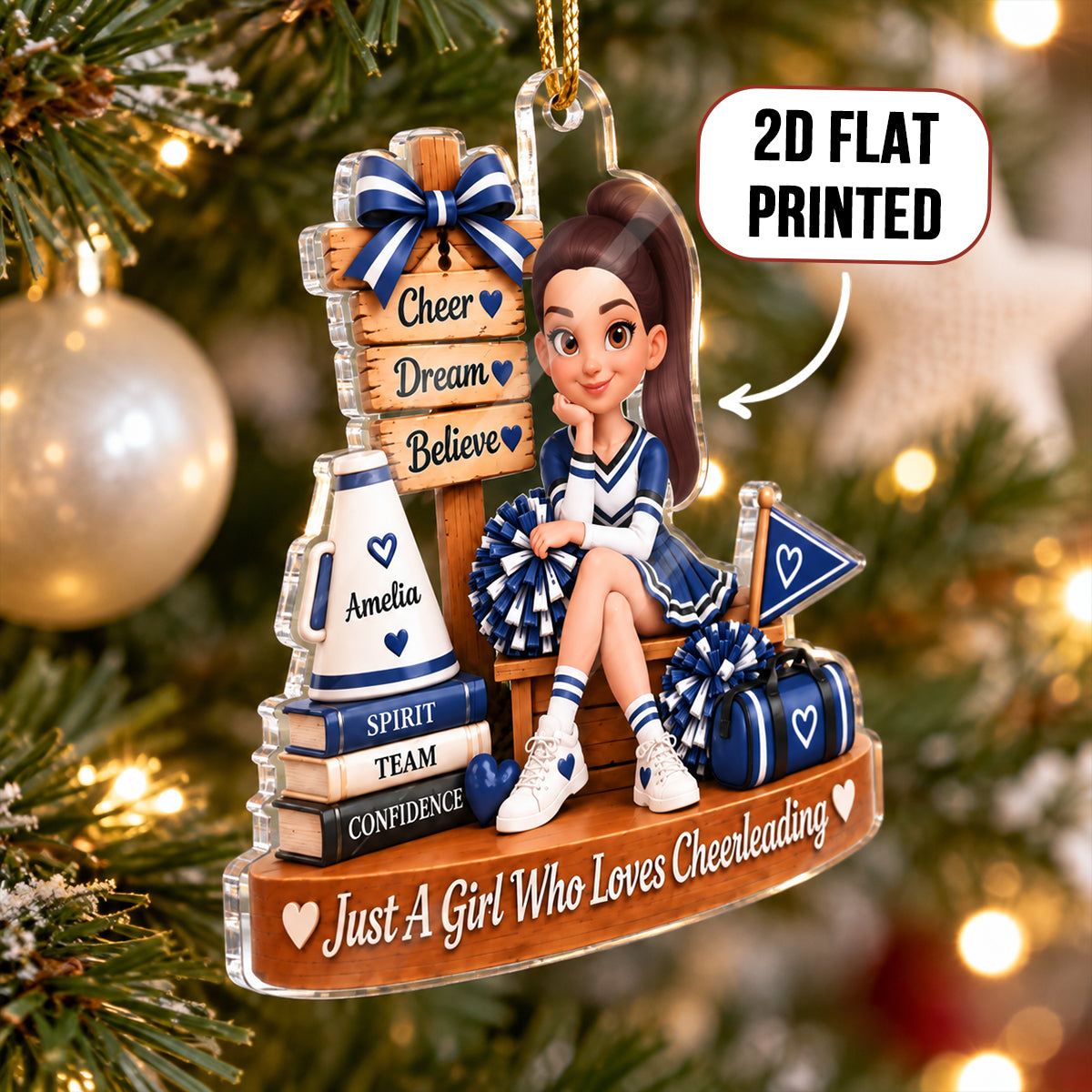 Custom Cheerleading Girl Name - Personalized Acrylic Ornament - Christmas Gift for Daughter, Granddaughter, Holiday Keepsake for Cheerleaders