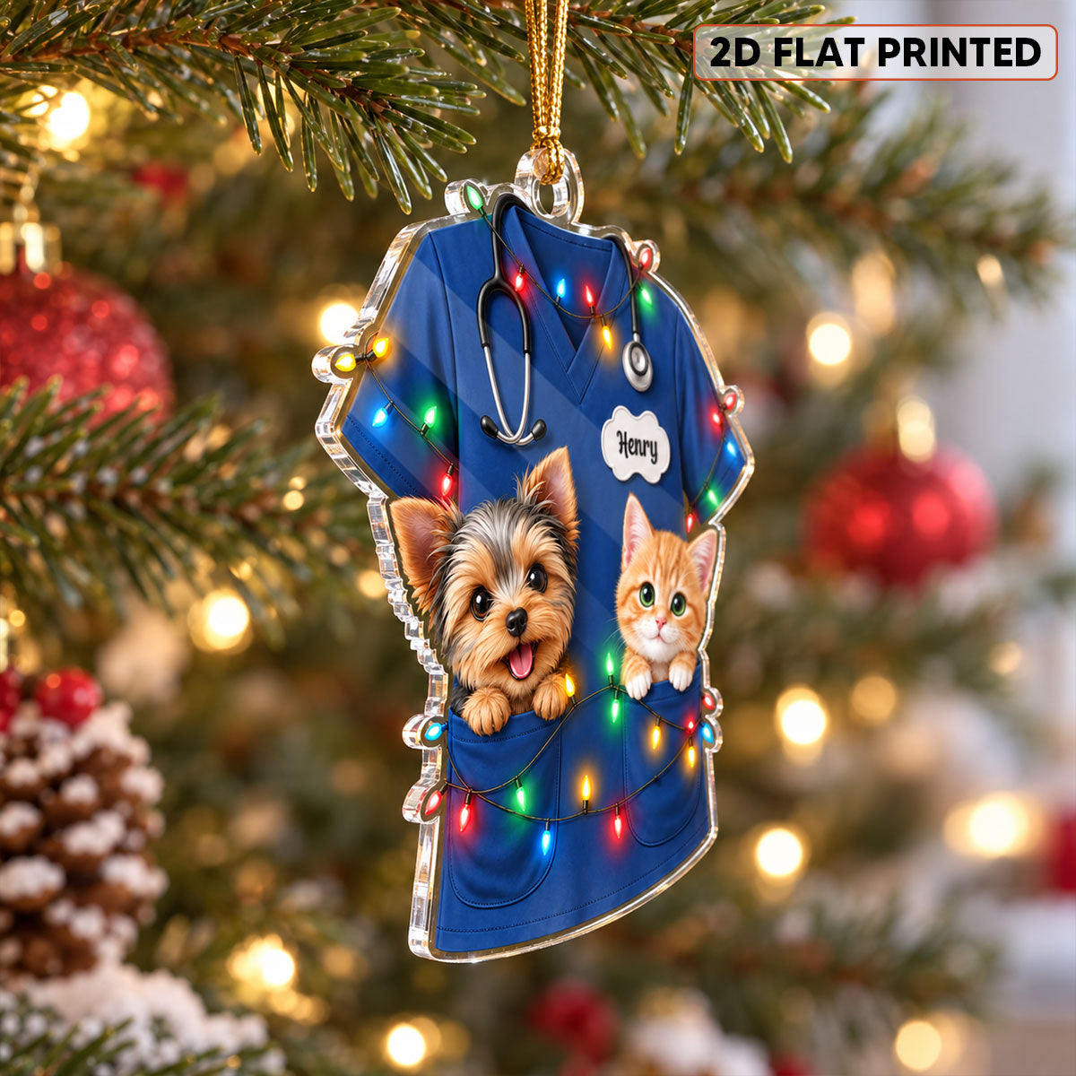 Christmas Vet Scrubs With Pets - Personalized Acrylic Ornament - Veterinarian Christmas Gift