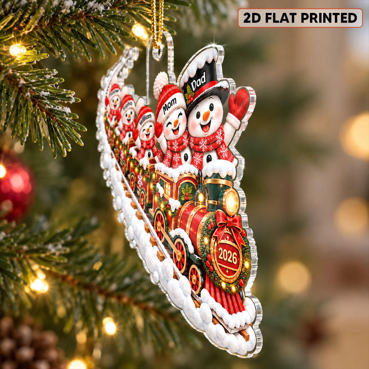 Snowman Family Grandparents Train 2D Flat - Personalized Acrylic Ornament – Christmas Family Keepsake Gift