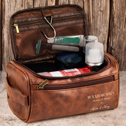 Custom Roman Numeral Date For Groom, Husband, Anniversary Wedding Gifts - Personalized Leather Toiletry Bag