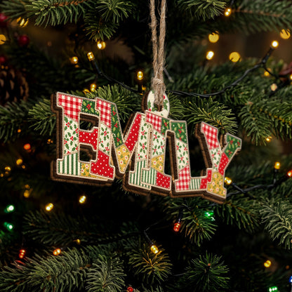 Patchwork Print Christmas Theme With Name - Personalized Ornament