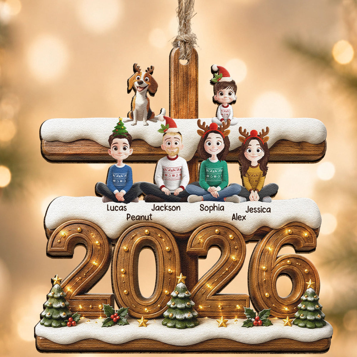 3D Effect Christmas Family And Dog Cat - Personalized Ornament