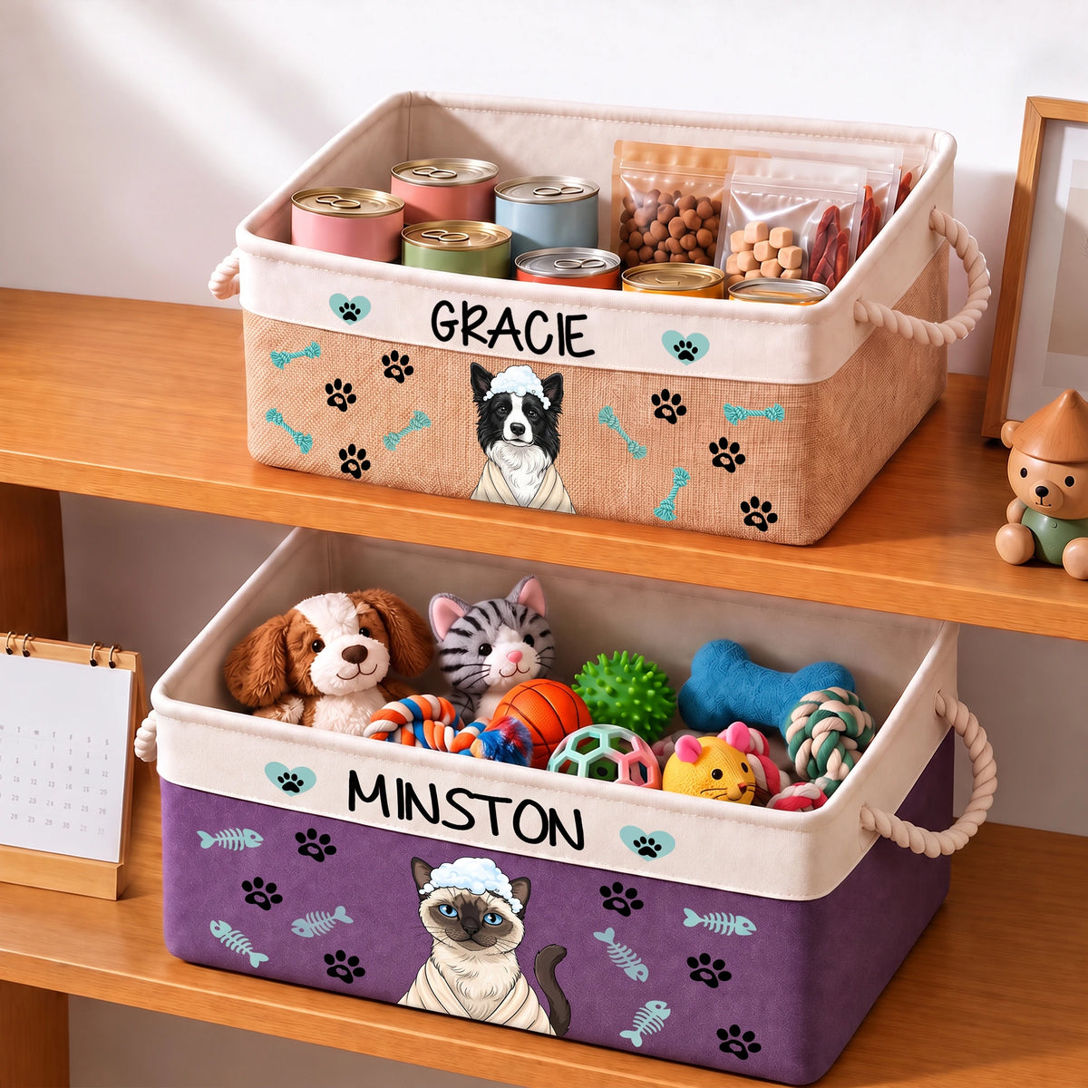 Personalized Fun Bath‑Robe Dog Photo Paw Bone Pattern Storage Basket with Name Pet Toy Organizing Birthday Gift for Dog Mom