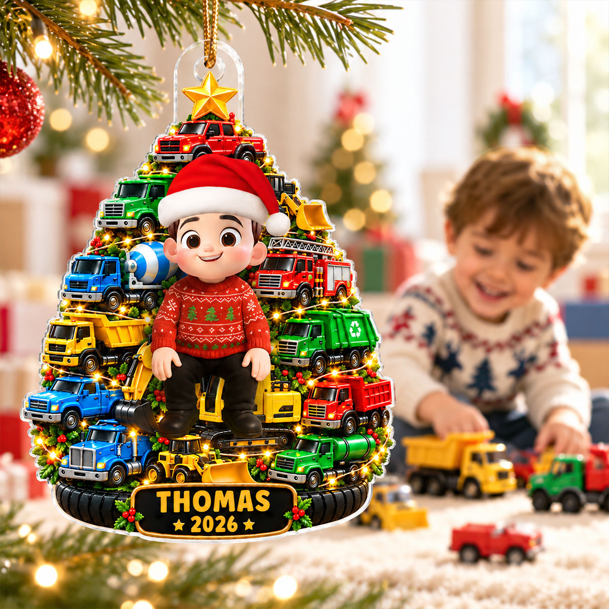 Little Kid With Trucks Christmas Tree - Personalized Acrylic Ornament - Christmas Gift For Kids, Grandkids, Grandson, Granddaughter, Son, Daughter