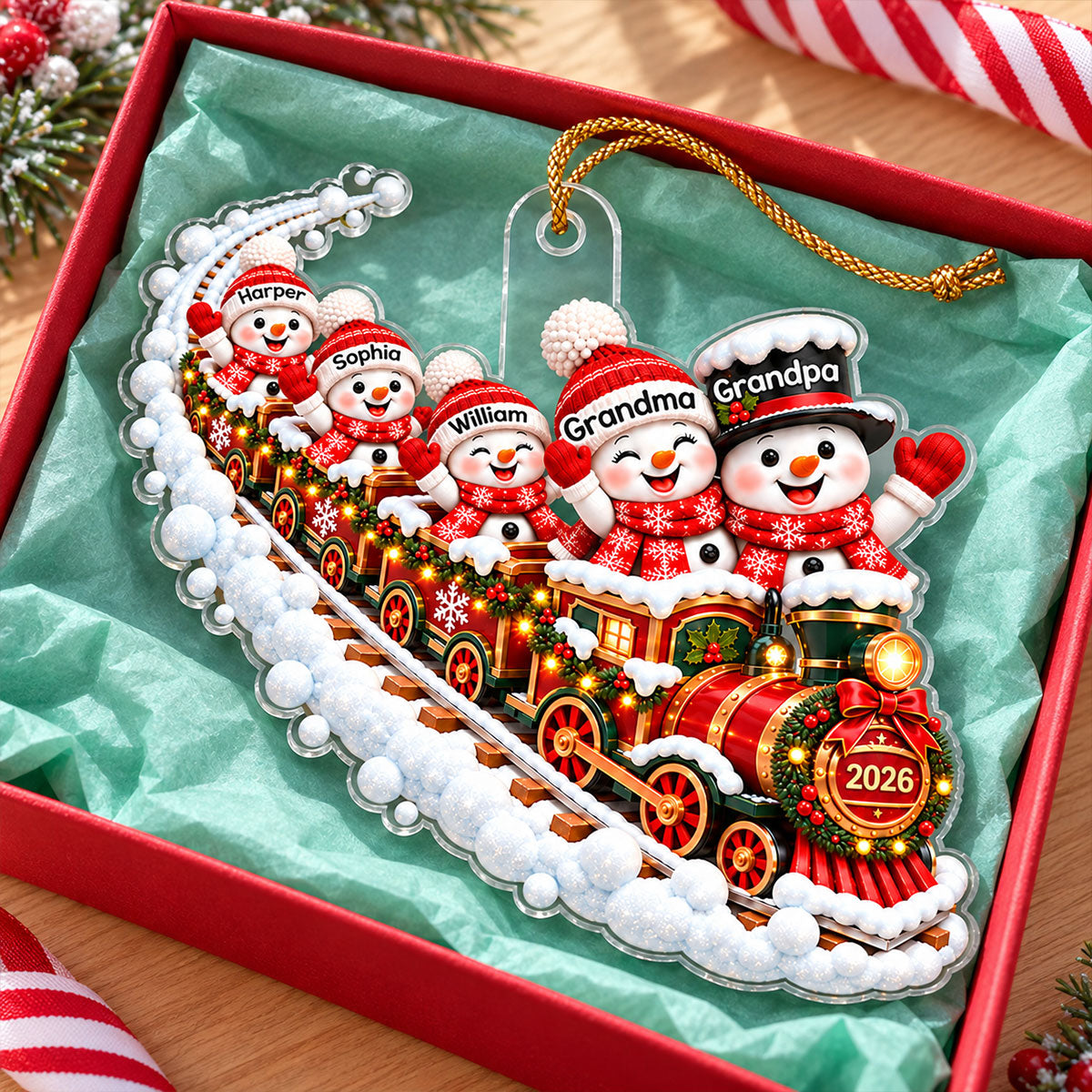 Snowman Family Grandparents Train 2D Flat - Personalized Acrylic Ornament – Christmas Family Keepsake Gift