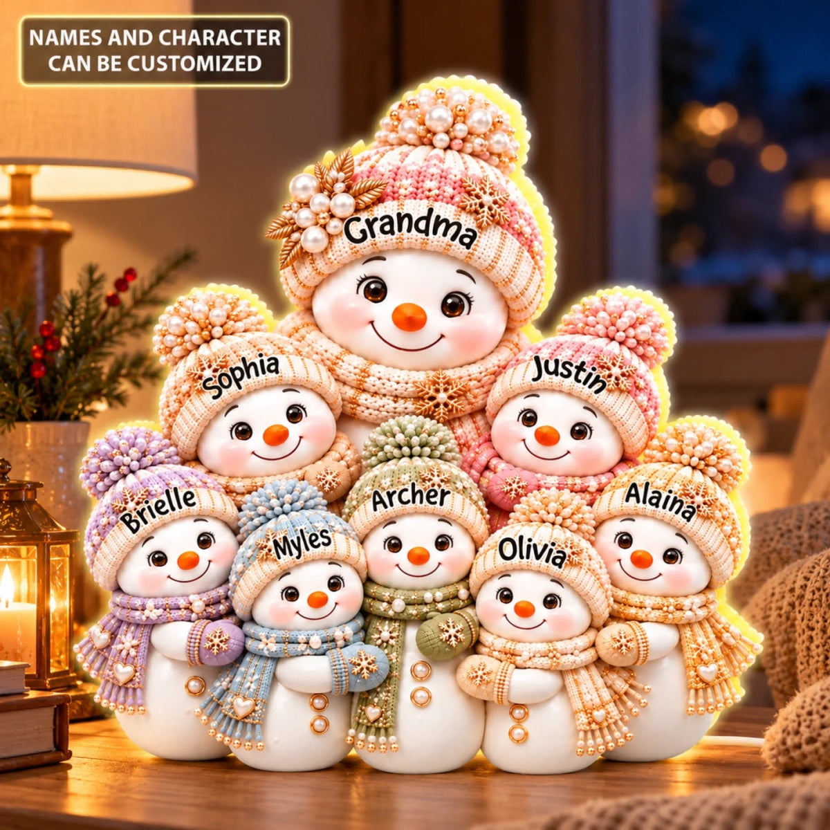 Luxury Pearl Snowman Family - Custom Shape Light Box - Christmas Gift for Grandma, Family