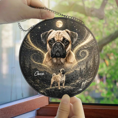 Dog Memorial Gift For Pet Loss - Personalized Custom Photo Moonlight Night Sky Portrait Stained Glass Window Hanging Suncatcher