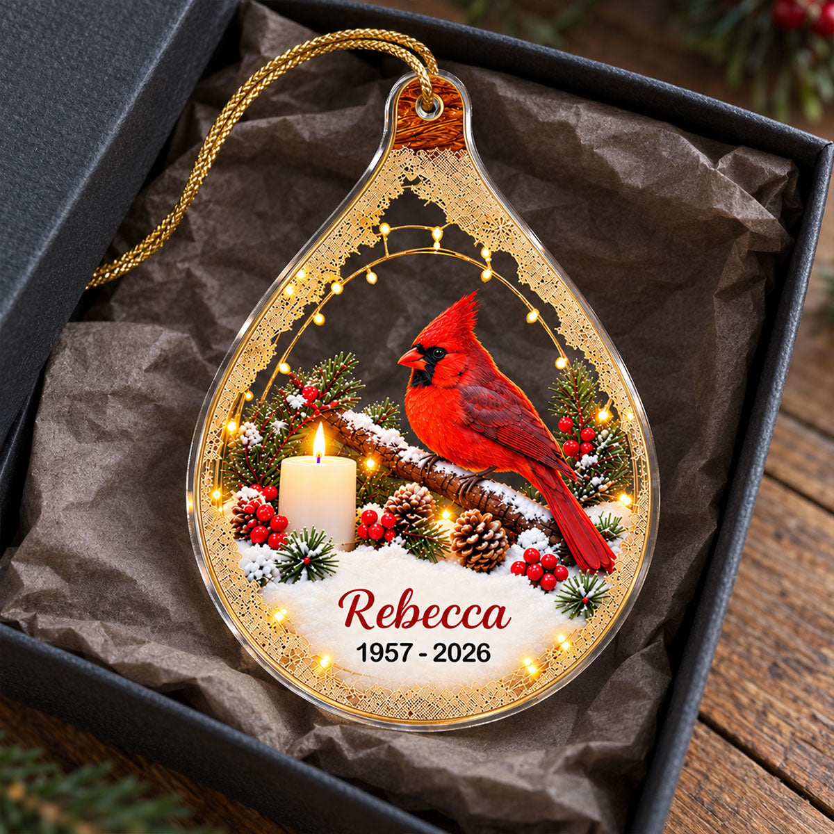 Cardinal Memorial Lighted - Personalized Acrylic Ornament - In Loving Memory Christmas Keepsake, Sympathy Gift for Loss of Loved One