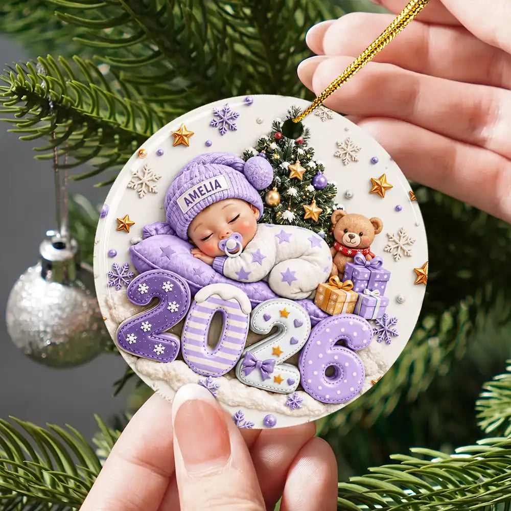 Baby's First Christmas Gift For New Mom - Personalized Sleeping Baby 3D Embossed Circle Ceramic Ornament