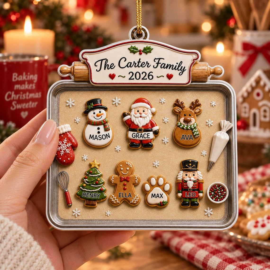 3D Raised Acrylic Family & Pet Christmas Cookie Tray Ornament, Custom Names