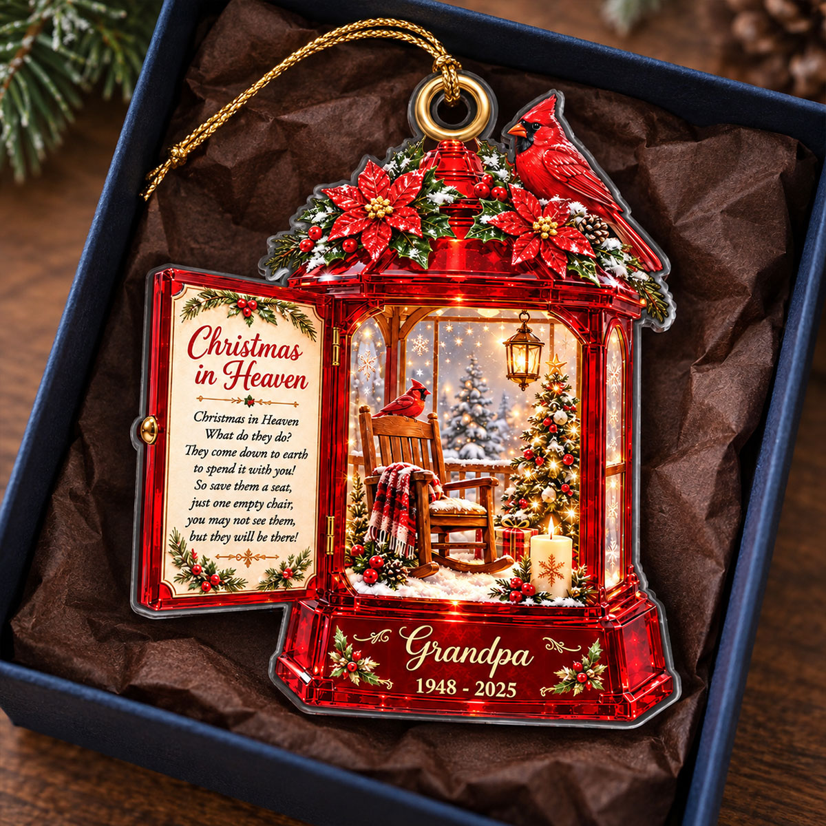 Christmas In Heaven Memorial Cardinal Lantern 2D Flat Printed - Personalized Acrylic Ornament - Christmas Memorial Keepsake For Family