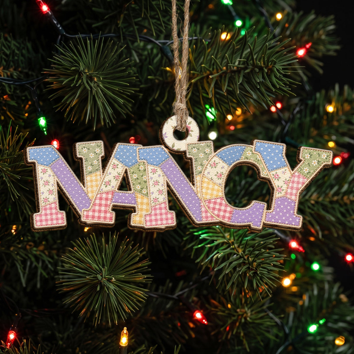Patchwork Print Christmas Theme With Name - Personalized Ornament