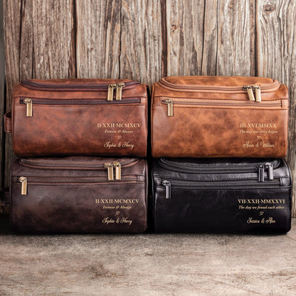 Custom Roman Numeral Date For Groom, Husband, Anniversary Wedding Gifts - Personalized Leather Toiletry Bag