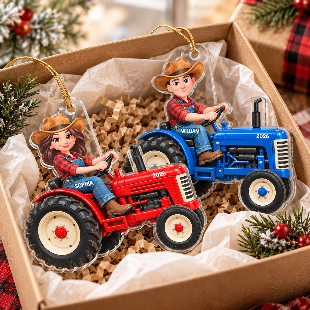 Farmer On Tractor 2D Flat - Personalized Acrylic Ornament - Christmas Gift for Farmer