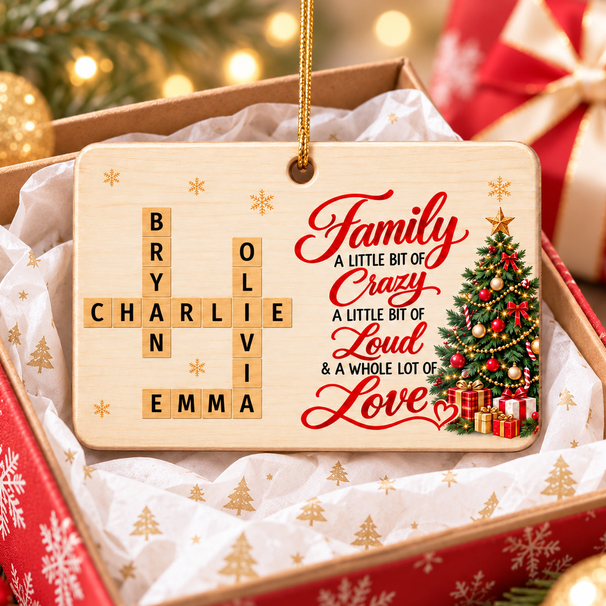 Family A Whole Lot Of Love Crossword Name Puzzle Art - Personalized Wooden Ornament - Christmas Decor For Family, Siblings