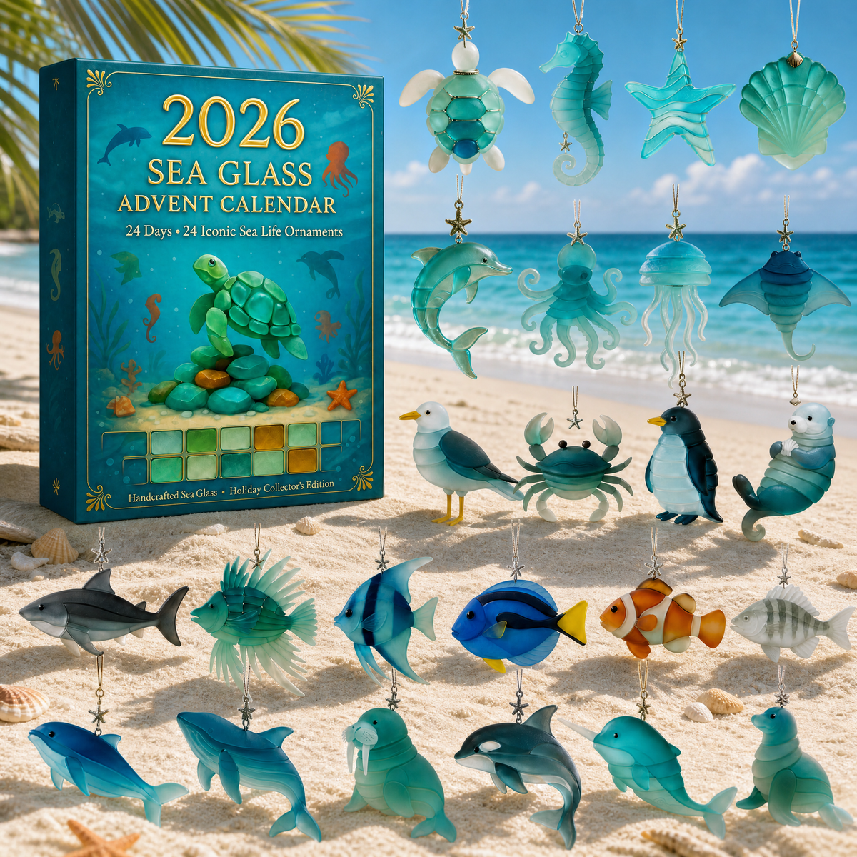 Sea Glass Ocean Acrylic Advent Calendar 2026 – 24 Marine Life Acrylic Ornaments, Christmas Countdown Gift for Ocean Lovers