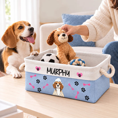 Personalized Fun Bath‑Robe Dog Photo Paw Bone Pattern Storage Basket with Name Pet Toy Organizing Birthday Gift for Dog Mom