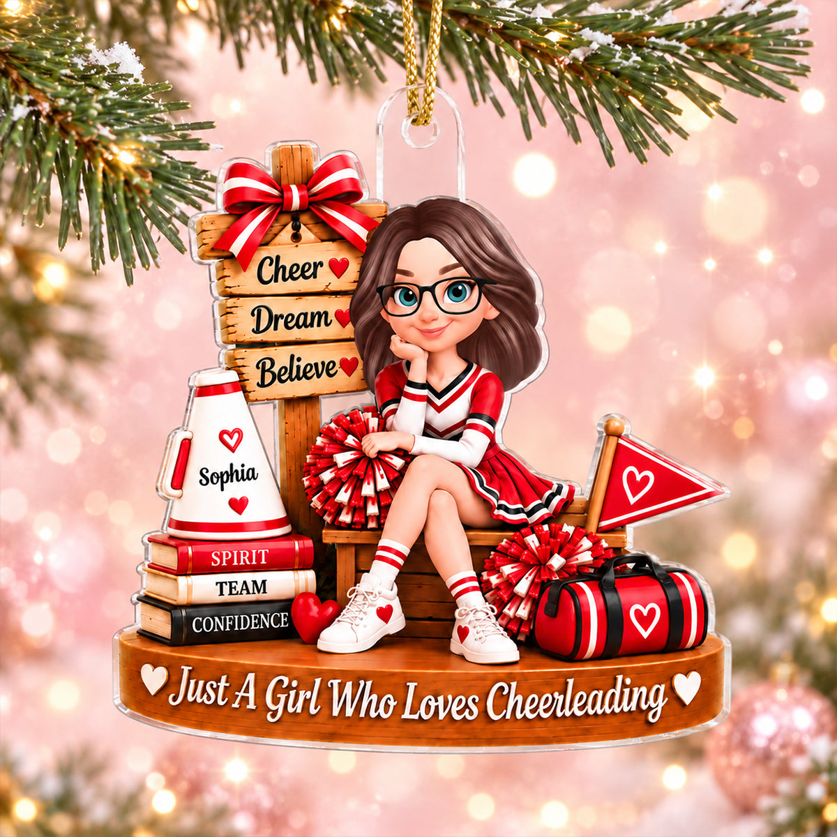 Custom Cheerleading Girl Name - Personalized Acrylic Ornament - Christmas Gift for Daughter, Granddaughter, Holiday Keepsake for Cheerleaders