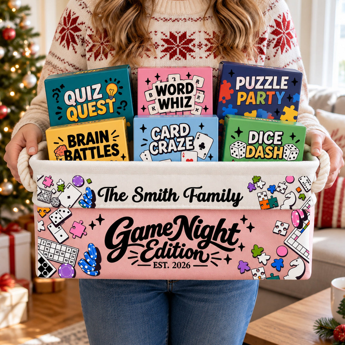 Game Night Deck Game Basket For Family, Grandparents - Personalized Storage Basket