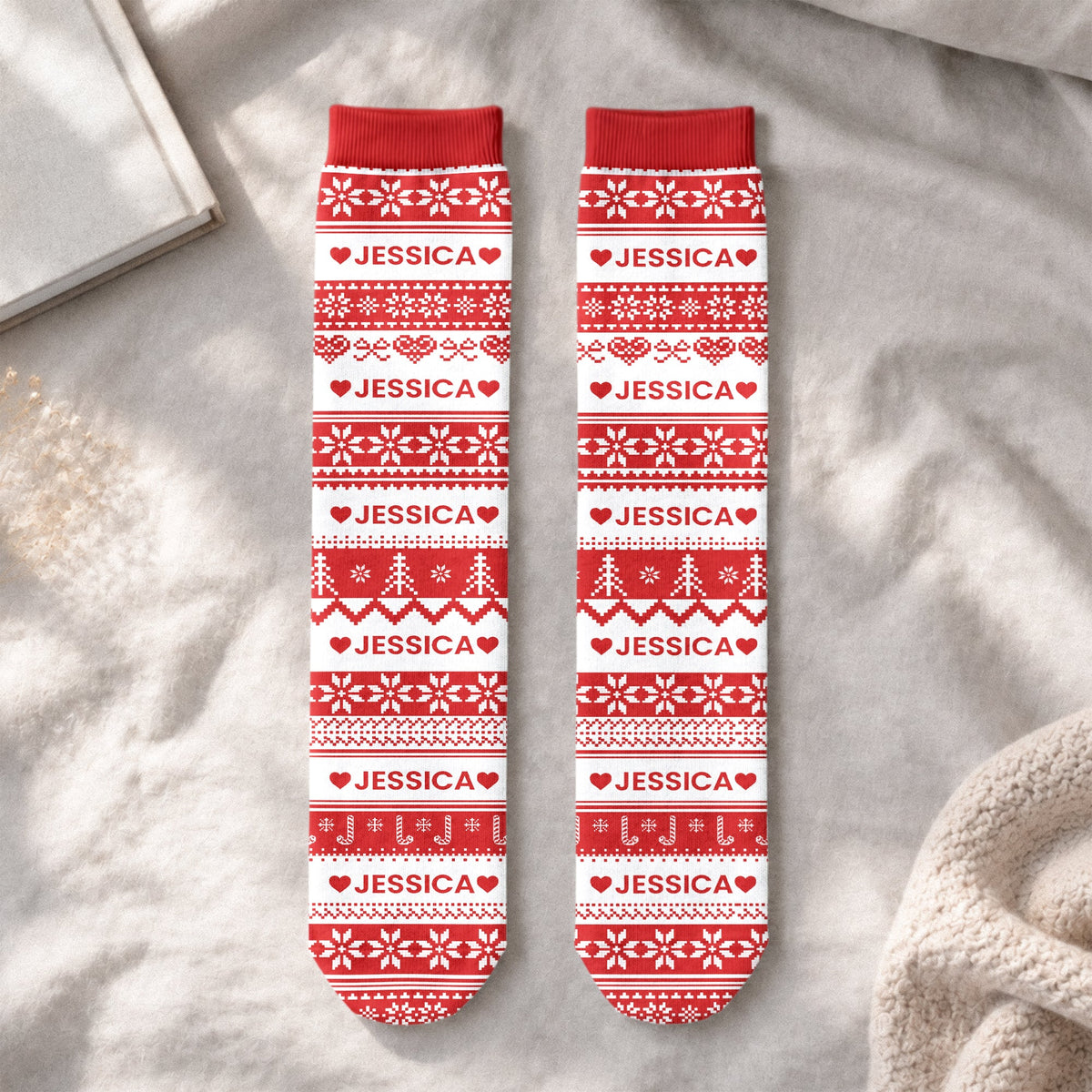 Xmas Gift, Custom Name, Fair Isle Knit Pattern - Personalized Socks