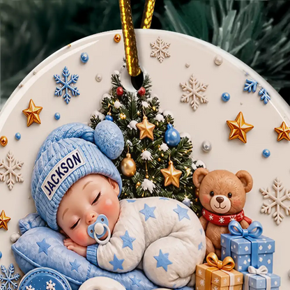 Baby's First Christmas Gift For New Mom - Personalized Sleeping Baby 3D Embossed Circle Ceramic Ornament