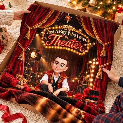 Just a Boy Who Loves Theater - Personalized Fleece Blanket - Christmas Gift for Son, Grandson