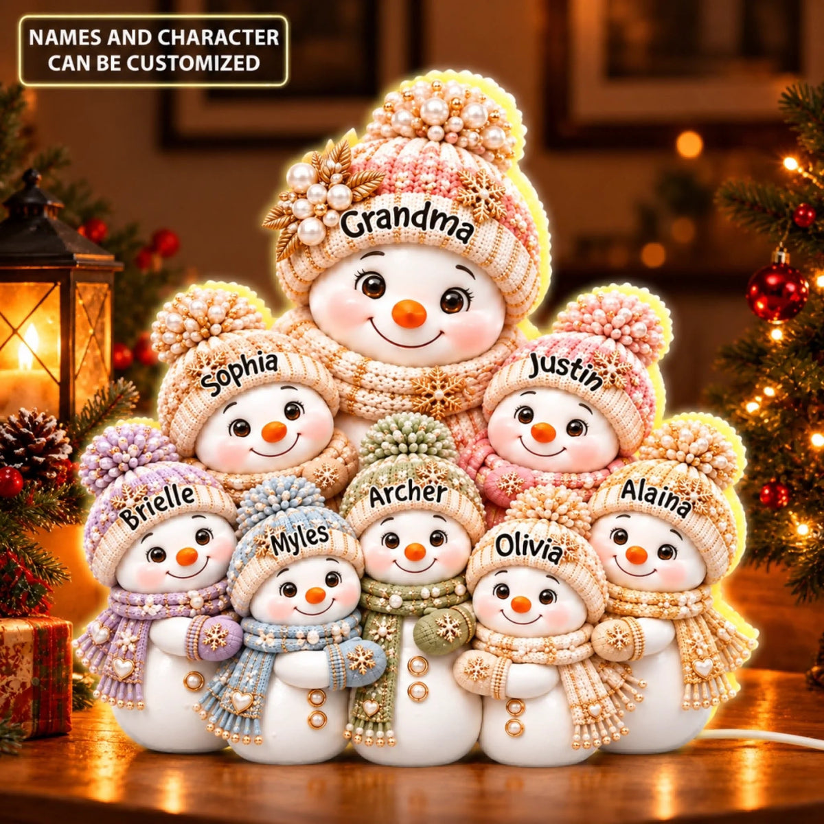 Luxury Pearl Snowman Family - Custom Shape Light Box - Christmas Gift for Grandma, Family