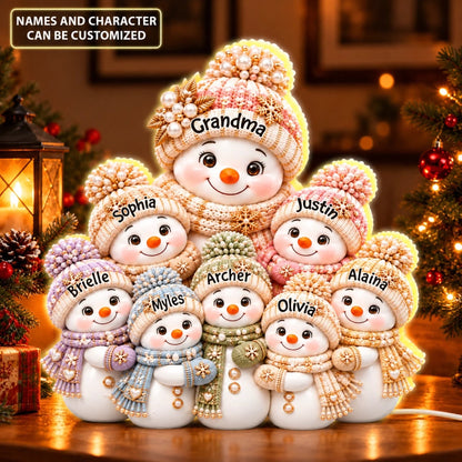 Luxury Pearl Snowman Family - Custom Shape Light Box - Christmas Gift for Grandma, Family