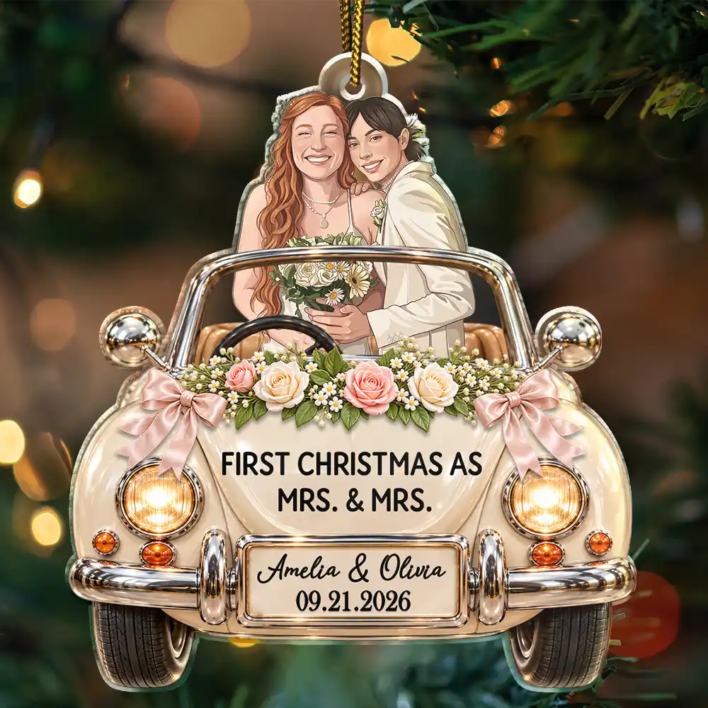 First Christmas Gift For Newlyweds - Personalized Custom Photo Mr And Mrs Names Just Married Car Acrylic Ornament