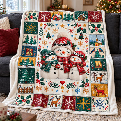 Snowman Grandma Grandkids Hugging - Personalized Fleece Blanket - Christmas Gift for Grandma, Grandkids