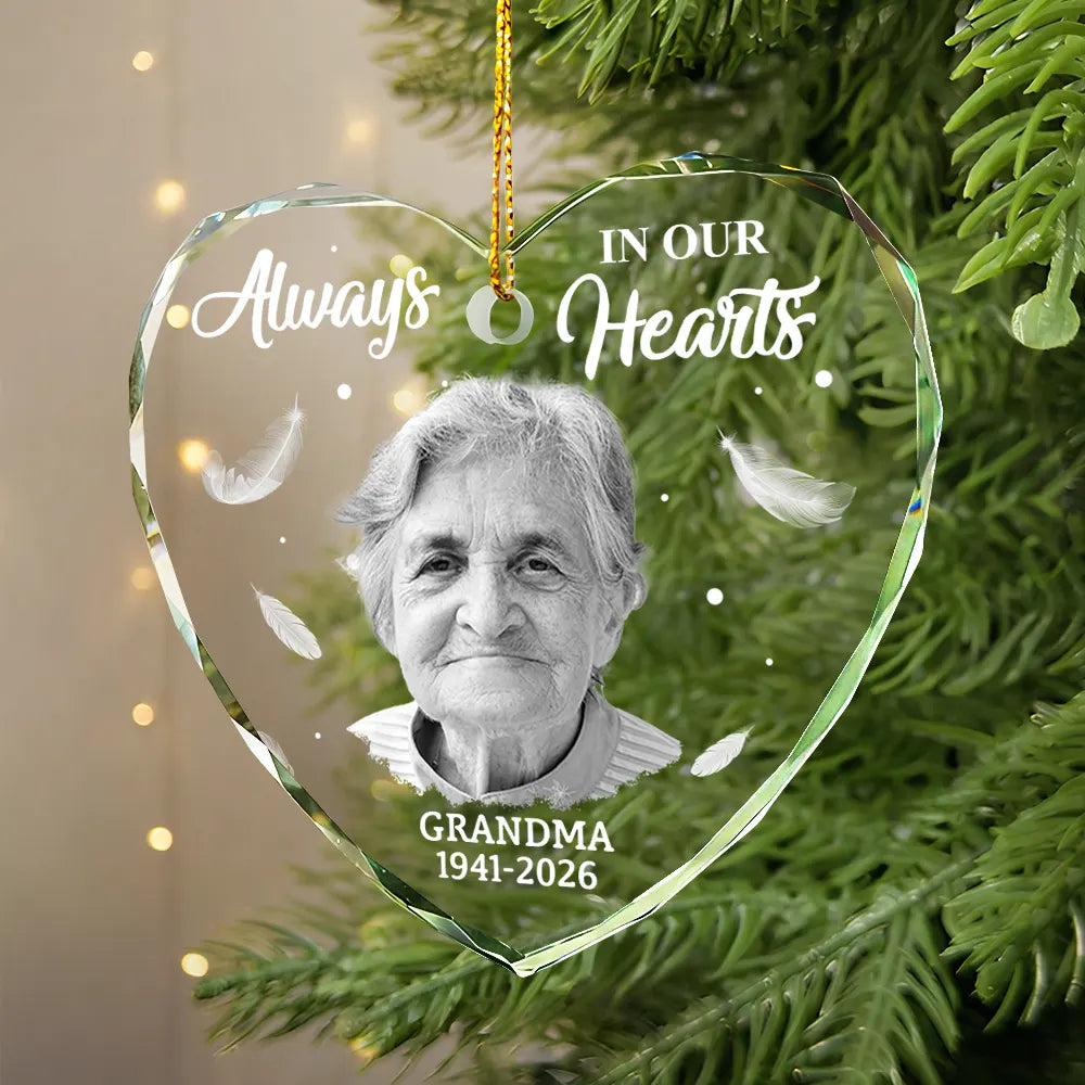 Custom Photo Memorial Always In Our Heart - Personalized Glass Ornament